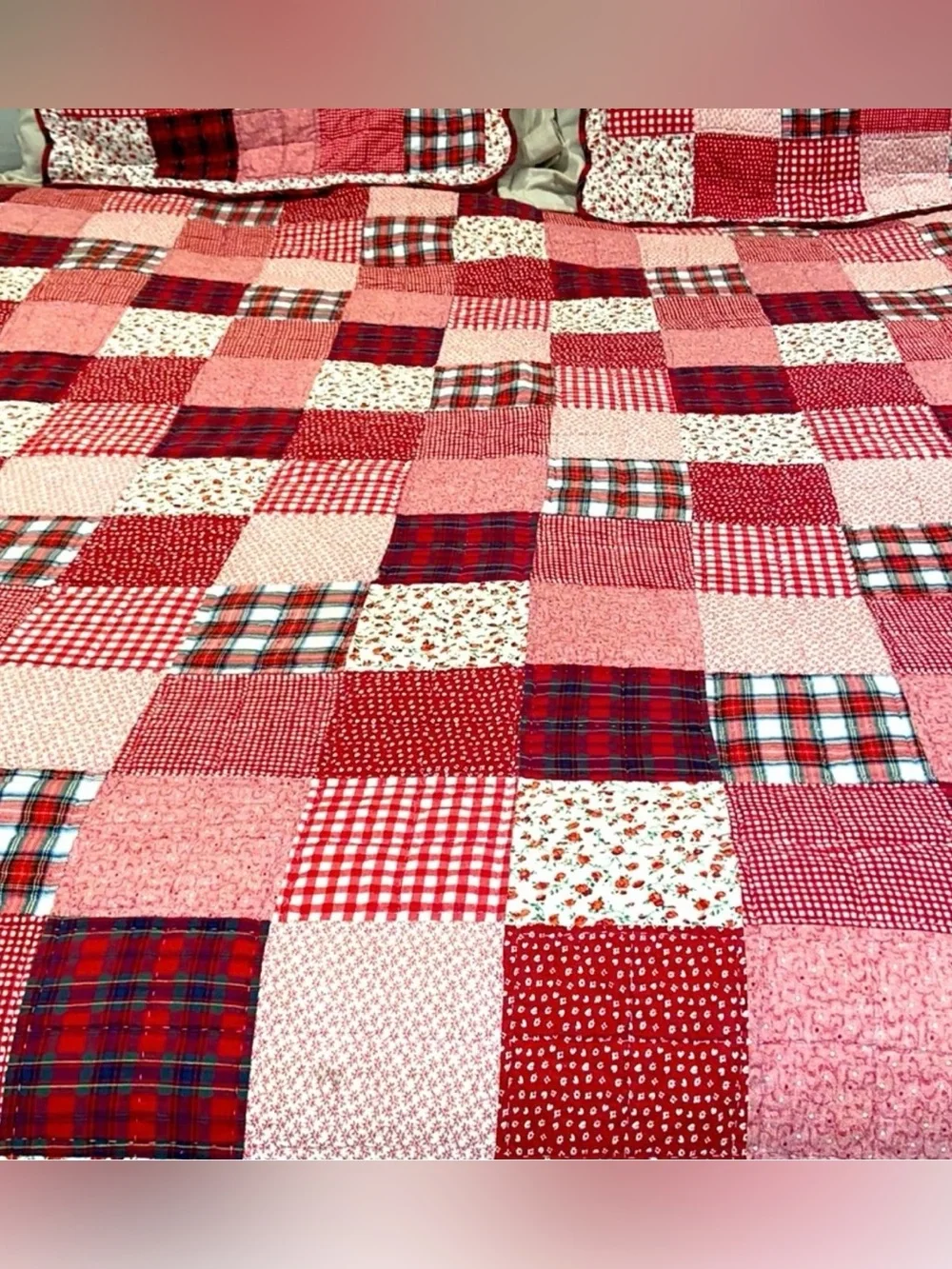 Vintage Patchwork Scalloped Quilt & 2 Shams Checks & Plaids 94 x 98